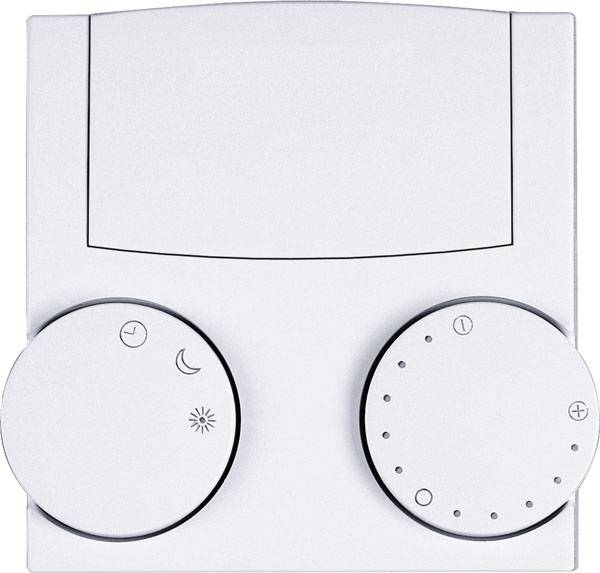 Un thermostat blanc avec deux boutons rotatifs : à gauche pour le mode de température (jour/nuit) et à droite pour la régulation de la température.