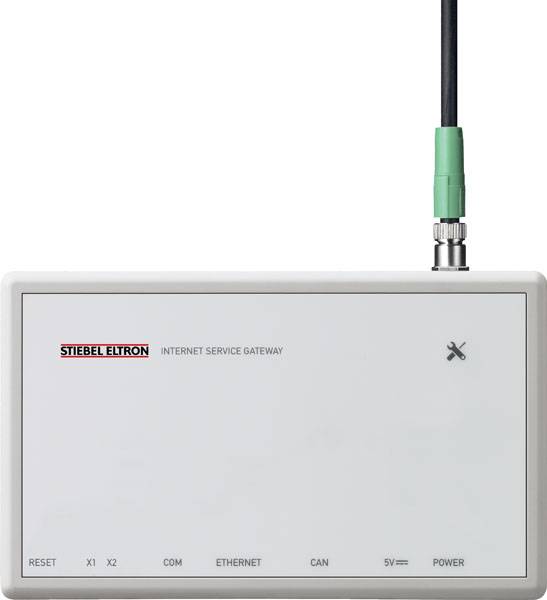 Un dispositif de passerelle de service Internet blanc avec un câble connecté en haut ; le nom de marque 'STIEBEL ELTRON' est visible.