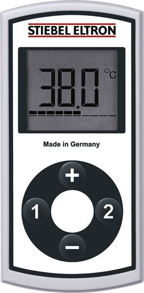 Un thermostat affichant '38,0°C' avec des éléments de commande. Marque en haut : 'STIEBEL ELTRON'. Texte en bas : 'Made in Germany'.