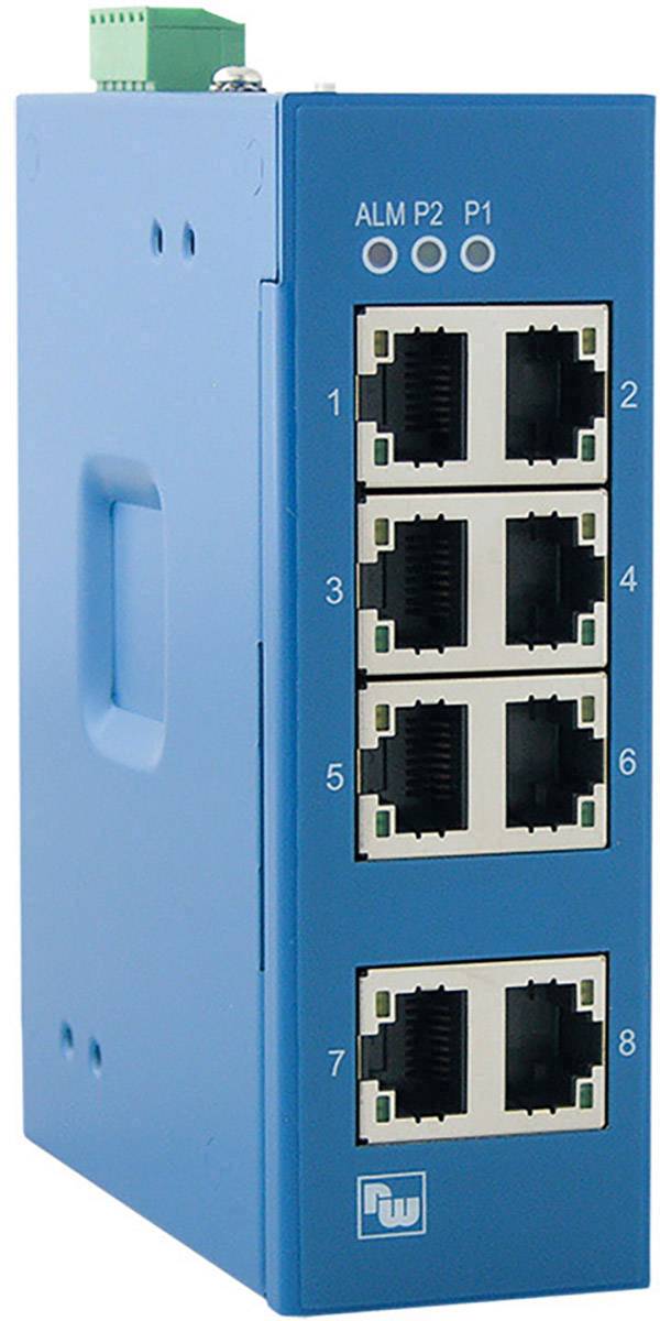 Commutateur réseau bleu avec huit ports Ethernet et voyants LED pour 'ALM', 'P2', 'P1' sur la façade avant.