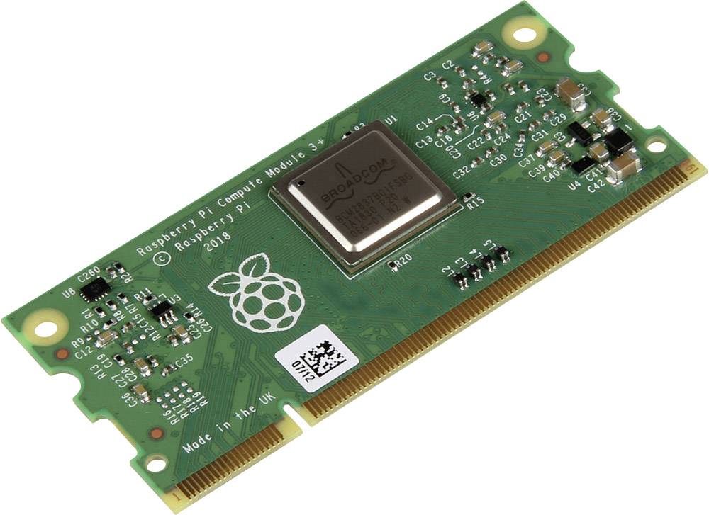 Carte verte du Raspberry Pi Compute Module 3+ avec puce, broches et logo Raspberry imprimé.