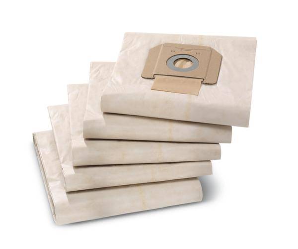 Cinq sacs d'aspirateur empilés avec un trou central et un renfort en carton.