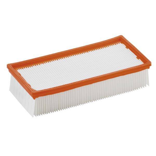 Filtre à air rectangulaire blanc avec un bord orange, aligné avec les plis verticaux. Adapté pour aspirateurs ou machines.