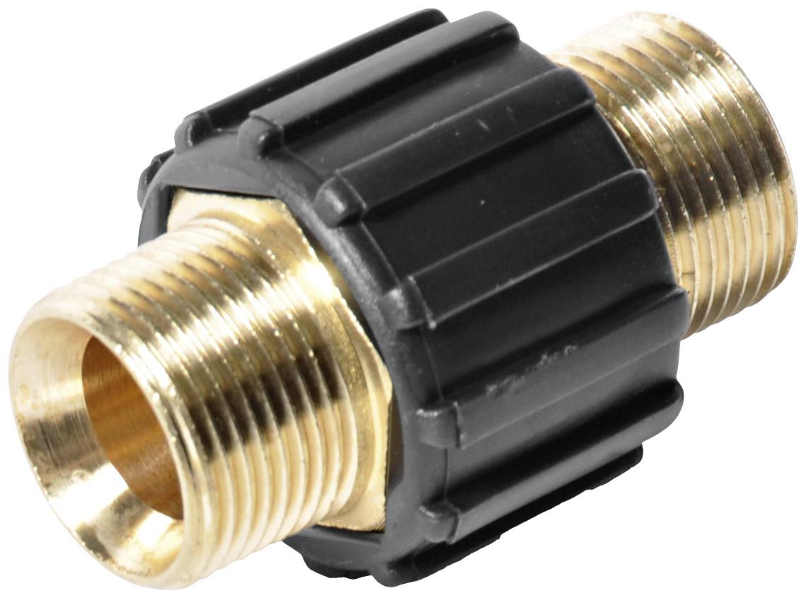 Adaptateur en laiton à filetage externe des deux côtés et revêtement en plastique noir, adapté pour les raccordements de tuyaux.