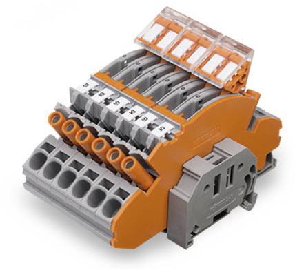 Module de connecteur orange et gris avec plusieurs points de connexion et leviers pour le montage de câbles.