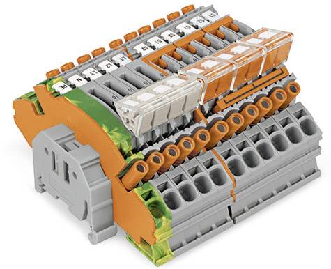 Un bloc de bornes à plusieurs niveaux en orange et gris, avec des connexions numérotées pour le câblage électrique dans les installations électriques.