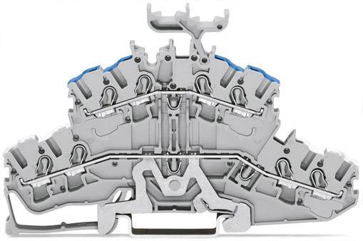 Coupe transversale d'une borne électrique grise multicouche avec des éléments bleus, montrant la structure de câblage interne.