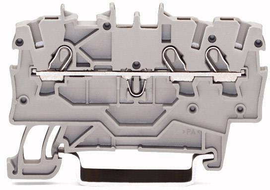 Module de bloc de bornes gris avec deux bornes métalliques en haut, corps en plastique profilé et élément de fixation en bas.