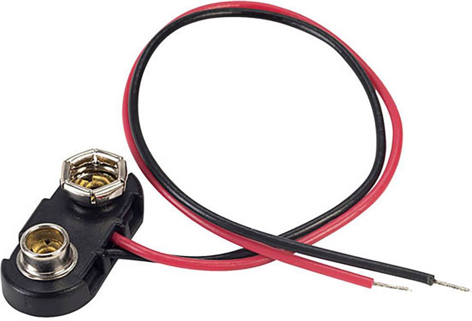 Clip de pile 9V avec bornes métalliques et câbles rouge et noir, adapté pour connecter des batteries dans des circuits électroniques.