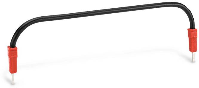 Fil noir avec connecteurs rouges à chaque extrémité, courbé et adapté aux applications électriques.
