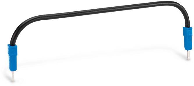 Un câble de démarrage électrique noir en forme de U avec des connecteurs bleus aux extrémités.