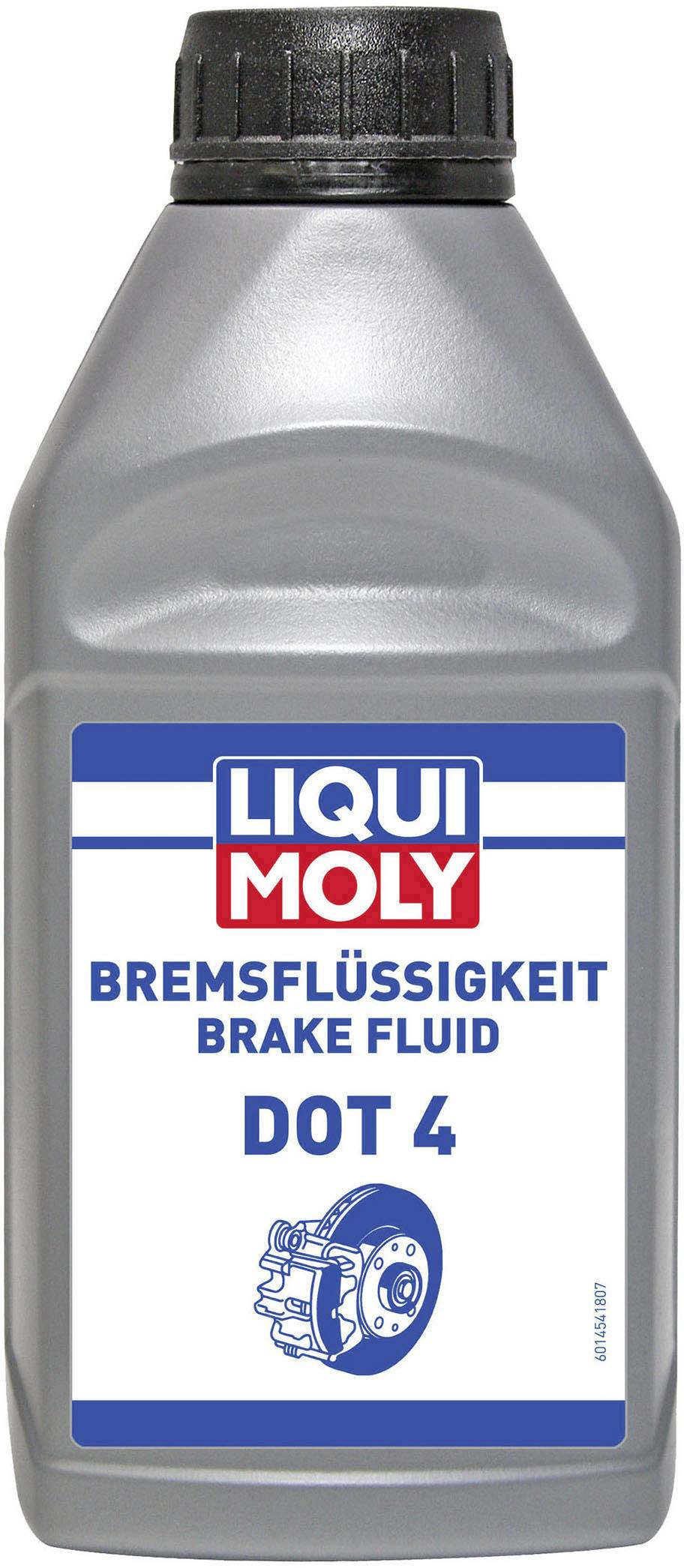 Bouteille de liquide de frein portant l'inscription 'LIQUI MOLY LIQUIDE DE FREIN DOT 4', avec une image d'un système de freinage sur l'étiquette.