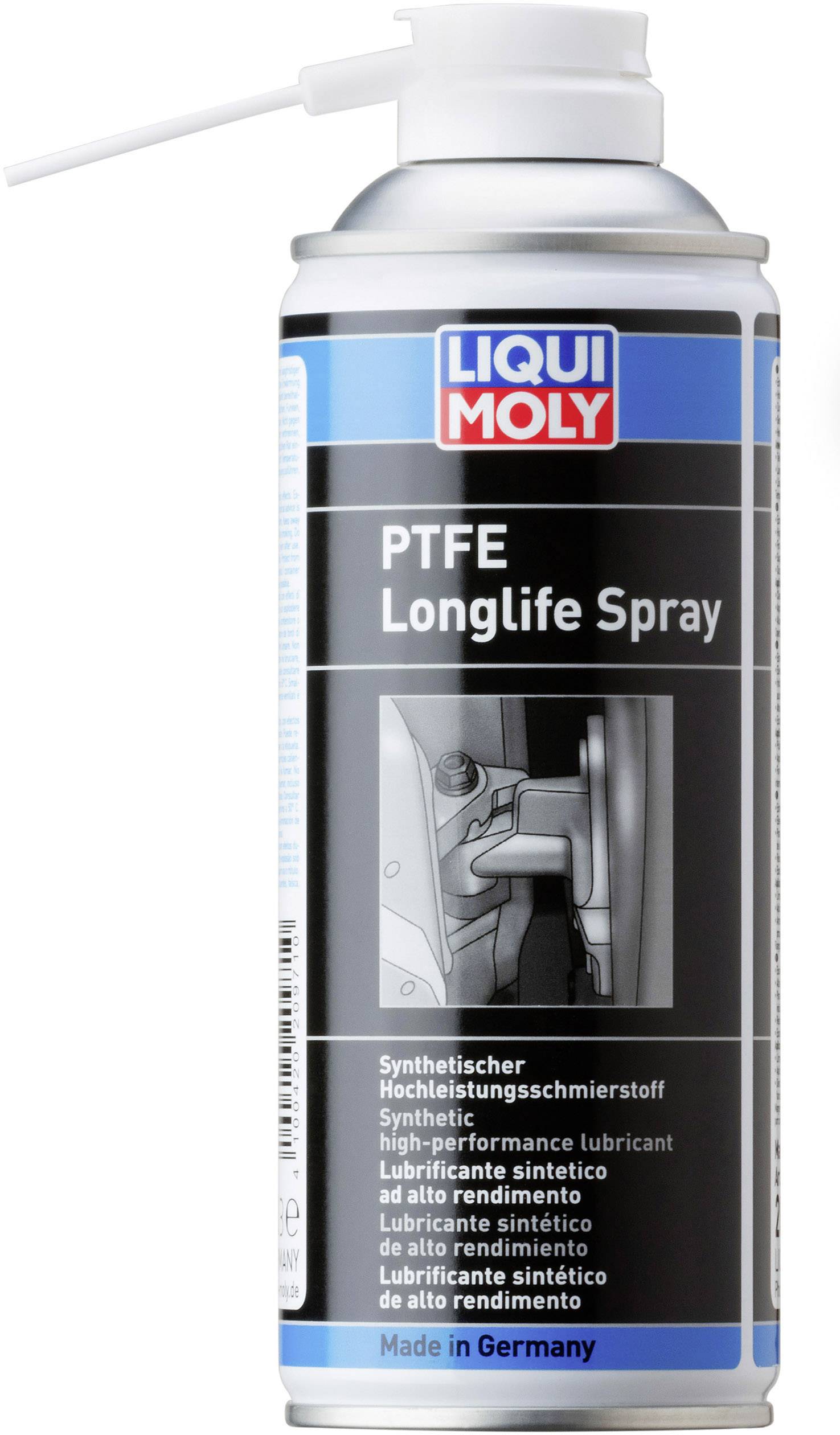 Bombe aérosol portant l'inscription 'PTFE Longlife Spray' de Liqui Moly, un lubrifiant synthétique. Fabriqué en Allemagne.
