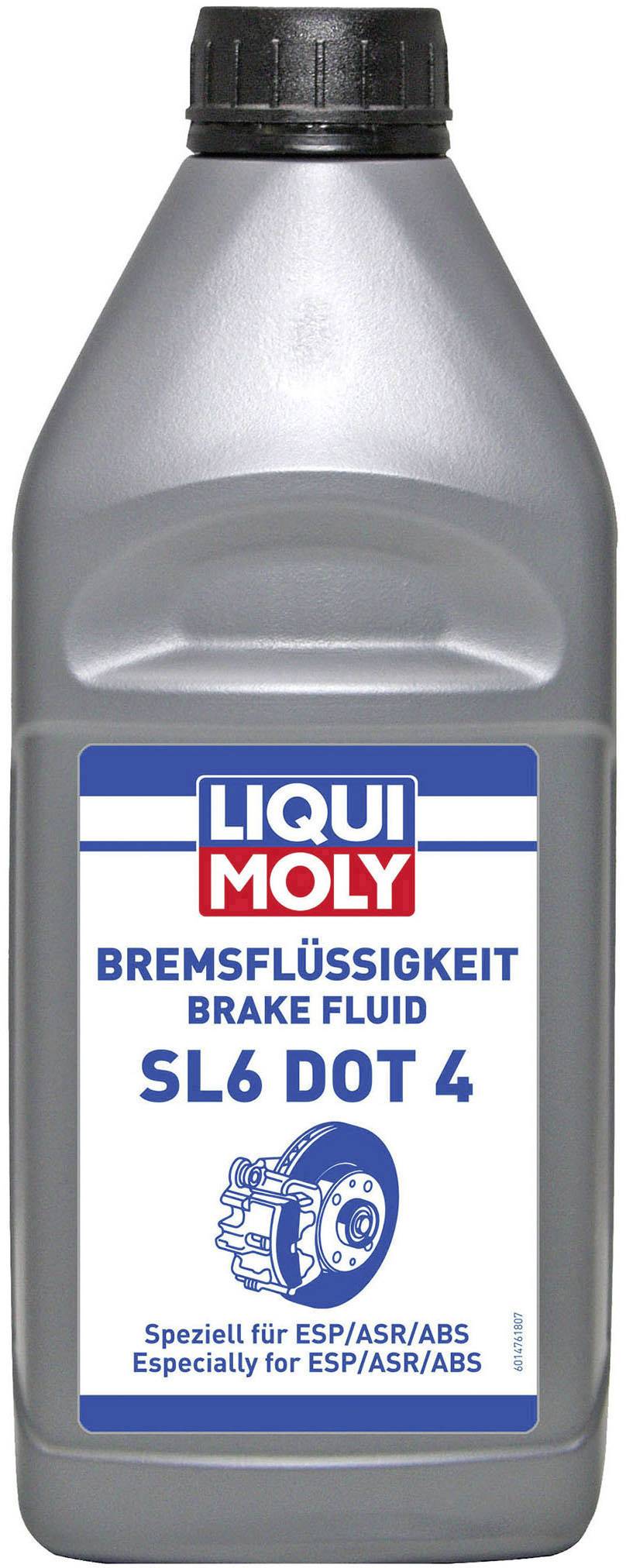 Bouteille en plastique de liquide de frein Liqui Moly. Étiquetée 'SL6 DOT 4', adaptée aux systèmes ESP/ASR/ABS.