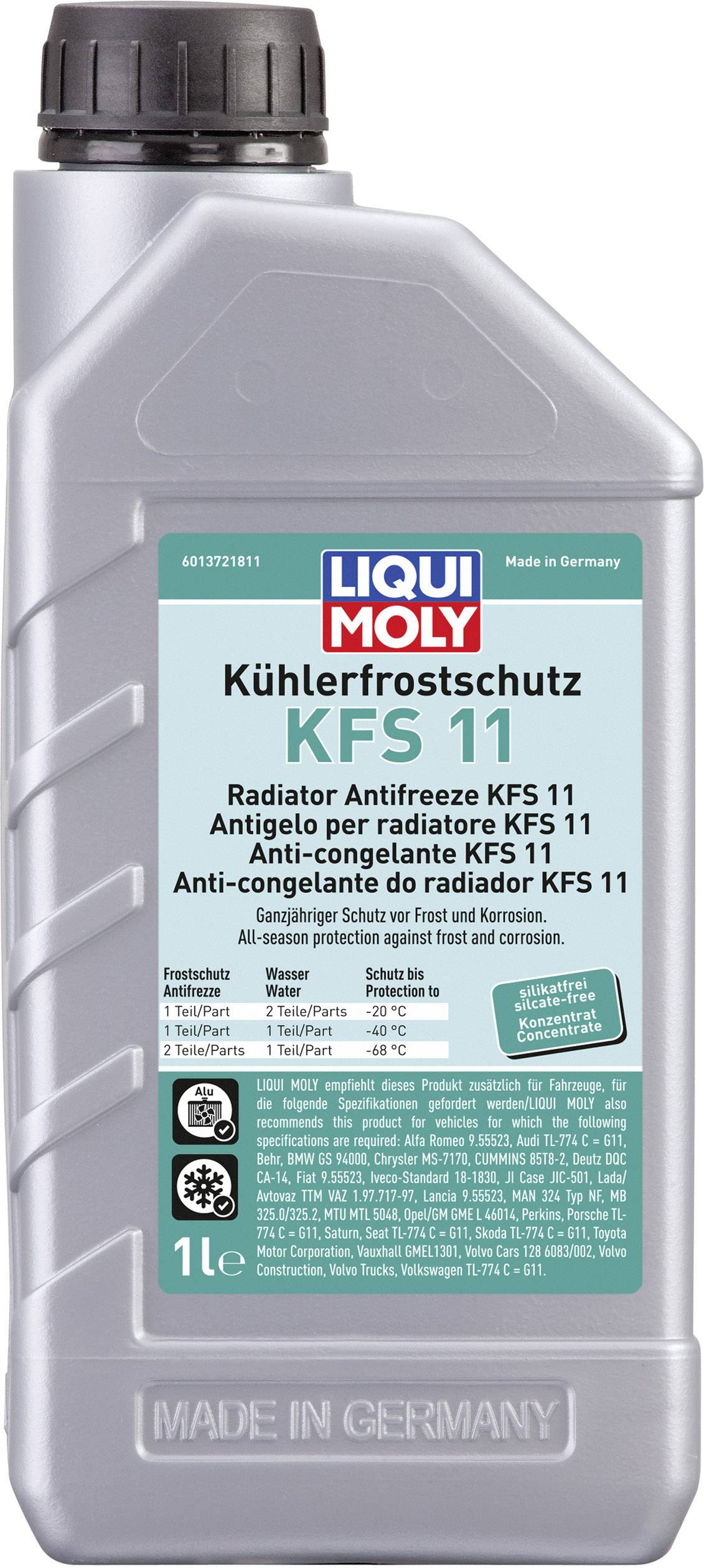 Une bouteille grise avec une étiquette bleue et rouge de la marque LIQUI MOLY. Contient 'Antigel pour radiateur KFS 11', 1 litre, fabriqué en Allemagne.