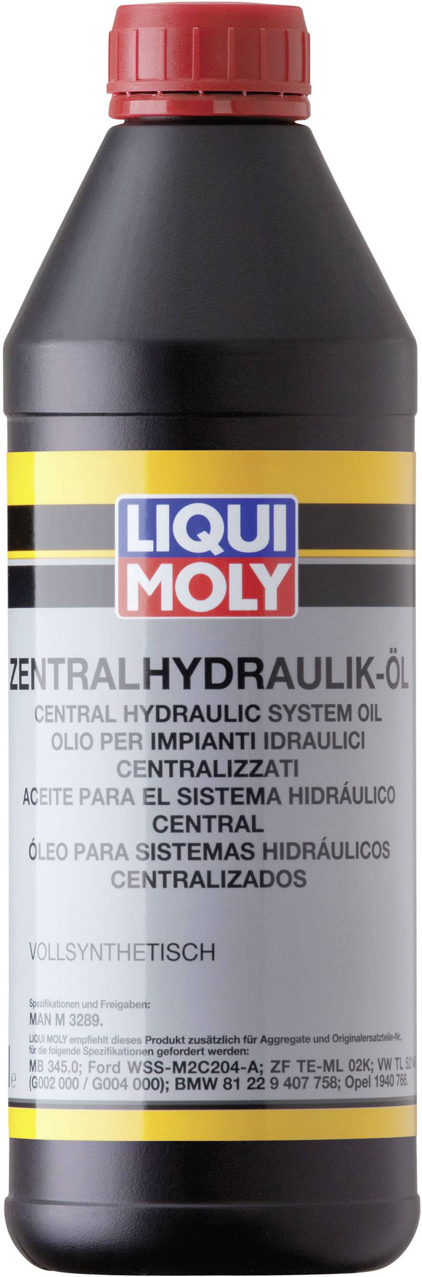 Bouteille 'Liqui Moly Huile Hydraulique Centrale', 1 litre, pour systèmes hydrauliques centraux. Description complète du produit disponible dans différentes langues sur l'étiquette.
