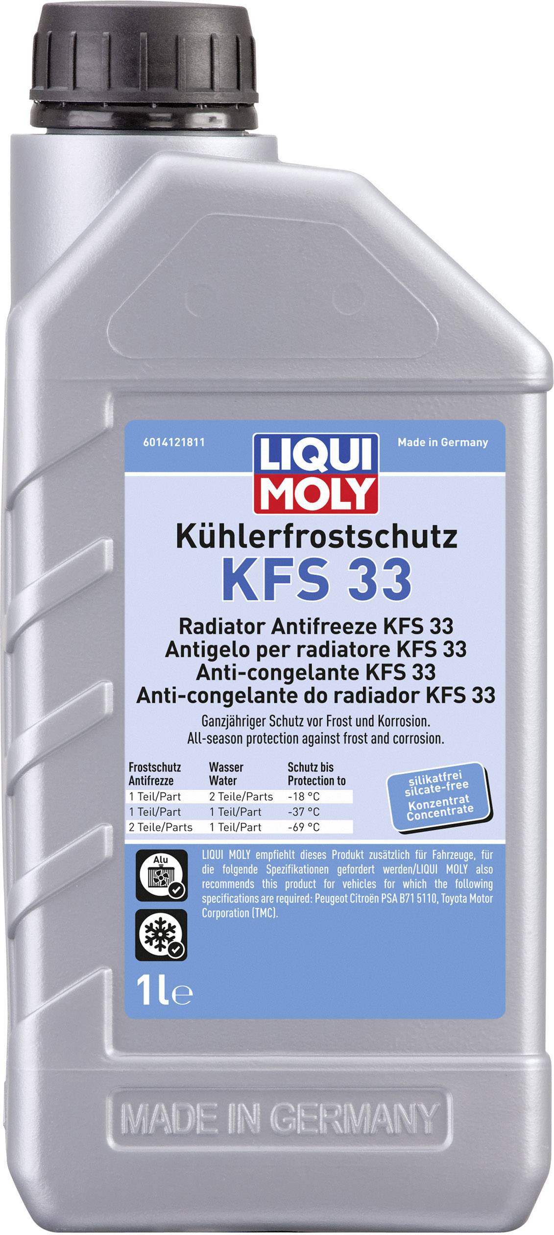 Bidon de liquide de refroidissement LIQUI MOLY avec étiquette bleue 'Antigel pour radiateur KFS 33' et description multilingue, 1 litre.