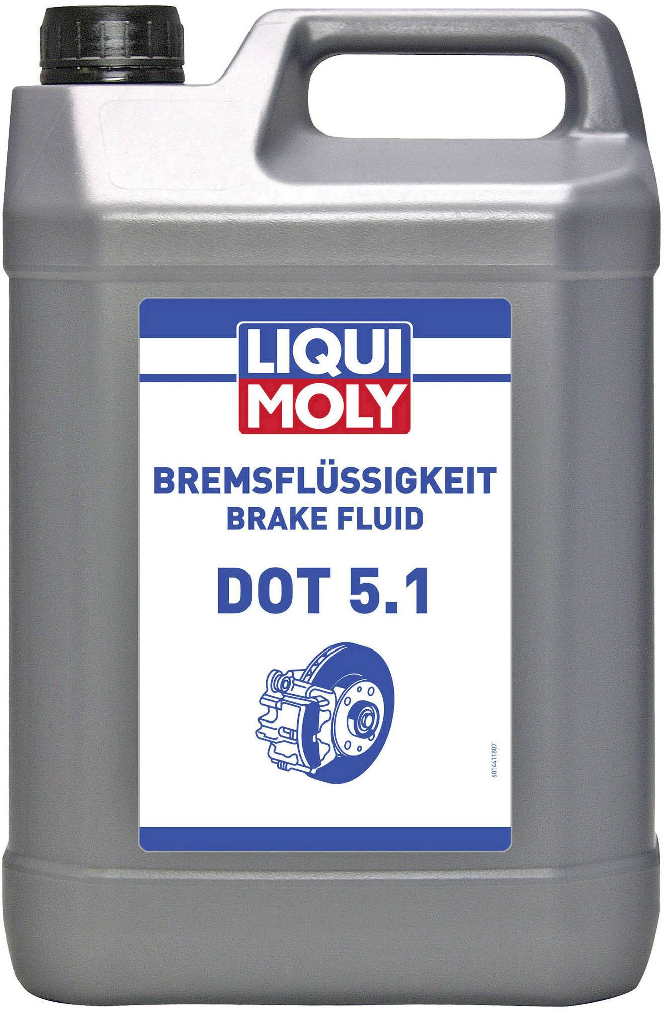 Un bidon en plastique de liquide de frein de marque 'Liqui Moly', type DOT 5.1. Il est utilisé pour l'entretien des systèmes de freinage.