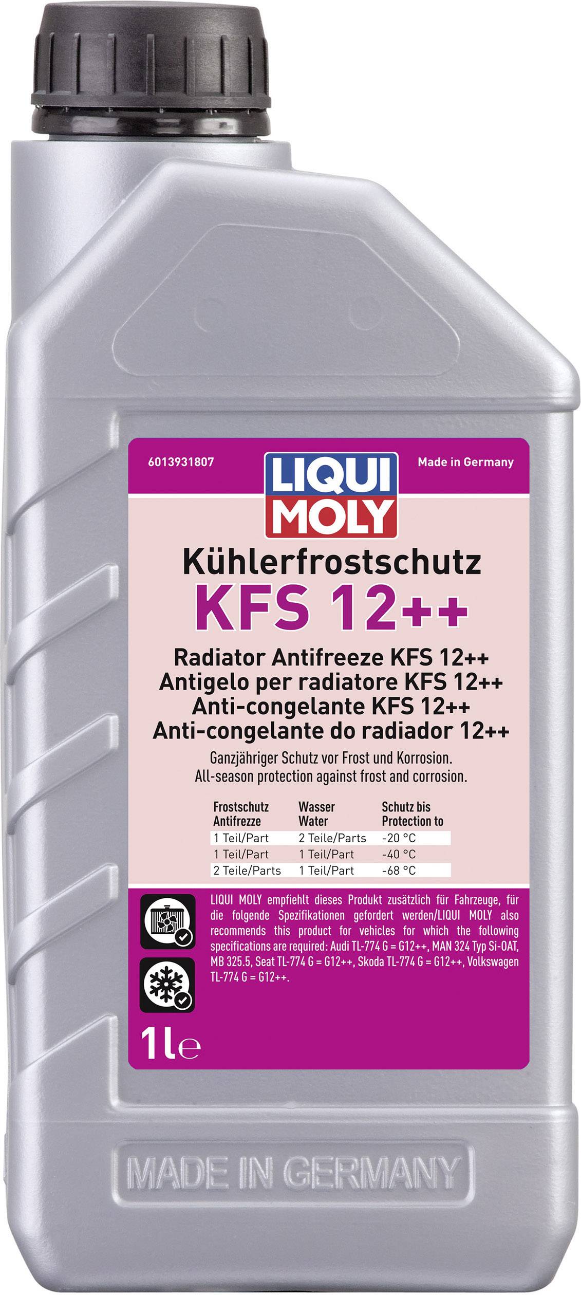 Bouteille de liquide de refroidissement de Liqui Moly portant l'inscription 'Antigel pour radiateur KFS 12++'. Contenance : 1 litre. Fabriqué en Allemagne.