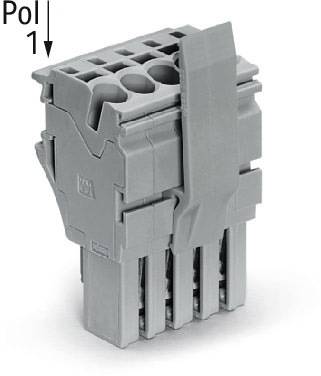 Un connecteur électrique gris avec plusieurs bornes et une indication de polarité '1' en haut à gauche.