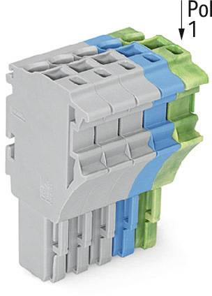 Un connecteur modulaire gris avec des inserts bleus et verts. Adapté pour les connexions électriques et la transmission de signaux.