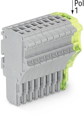 Bloc de connecteurs multi-broches en gris et vert. 'Pol 1' est marqué en haut à droite.