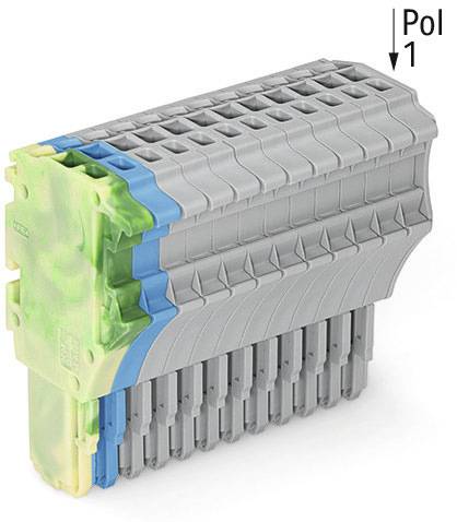 Un connecteur gris pour applications électroniques, marqué 'Pôle 1'. En haut à gauche, des composants verts et bleus sont visibles.