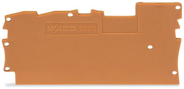 Boîtier orange portant l'inscription « WAGO 2020 », avec plusieurs trous de montage.
