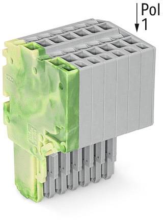 Connecteur avec des segments gris et verts. Marqué 'Pôle 1'. Vue de dessus montrant plusieurs emplacements de branchement.