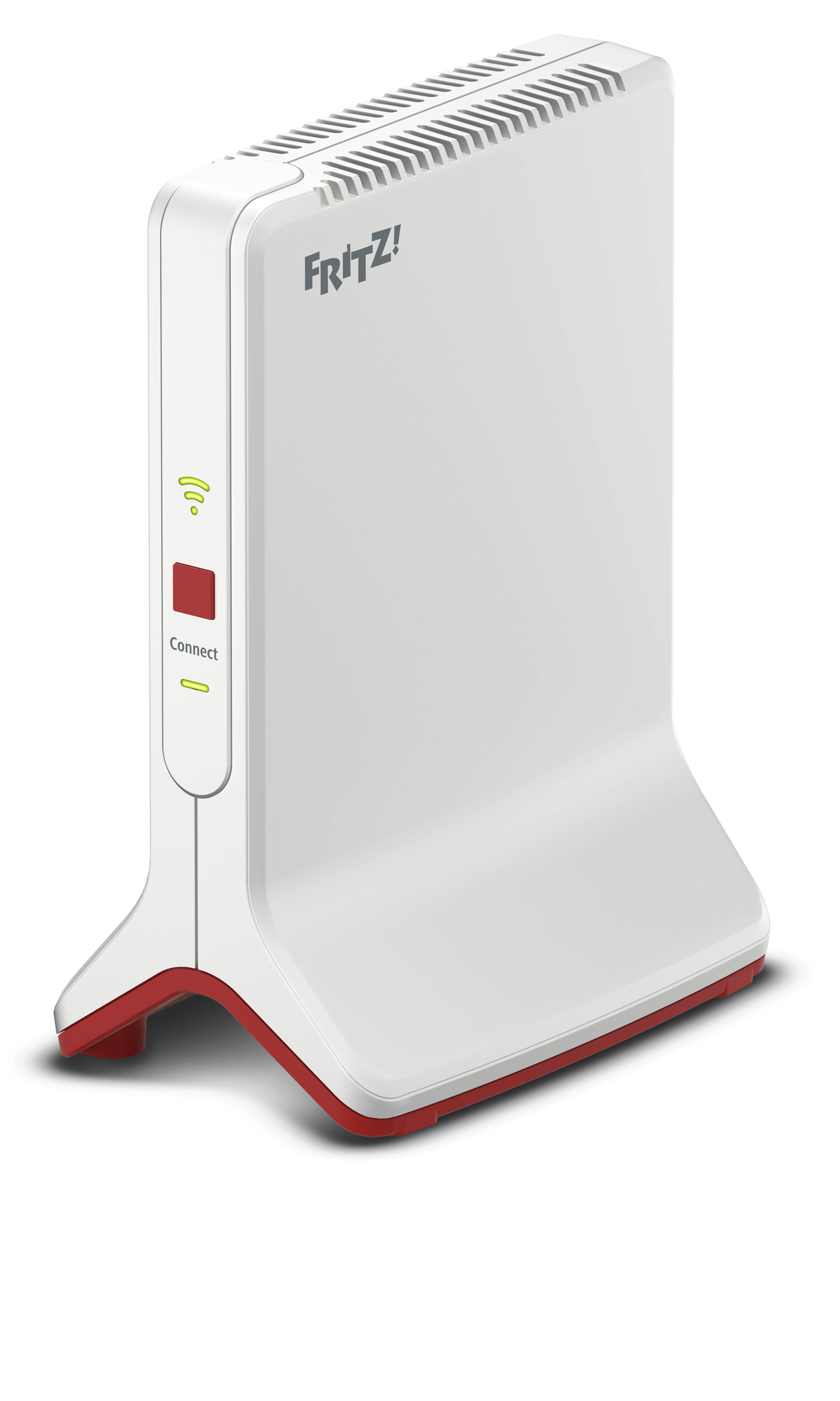 Un répéteur Wi-Fi blanc avec une base rouge et le logo 'FRITZ!' en haut à gauche. Il présente des LED indiquant l'état de la connexion et l'activité Wi-Fi.