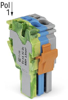 Un connecteur électronique modulaire coloré portant l'inscription 'Pol 1' et des spécifications techniques sur la face avant.
