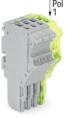 Pièce en plastique grise et rectangulaire avec plusieurs emplacements, partiellement transparente en jaune-vert. Marquage 'Pol 1' en haut à droite.