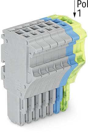 Un connecteur électrique multicolore à plusieurs couches, mis en scène sur un fond blanc.