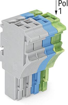 Connecteur multipolaire à code couleur en gris, bleu et vert, avec le pôle 1 marqué.