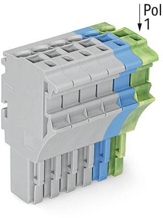'Connecteur avec quatre modules empilés colorés : gris, bleu et vert. L'étiquetage indique le numéro de pôle 1.'