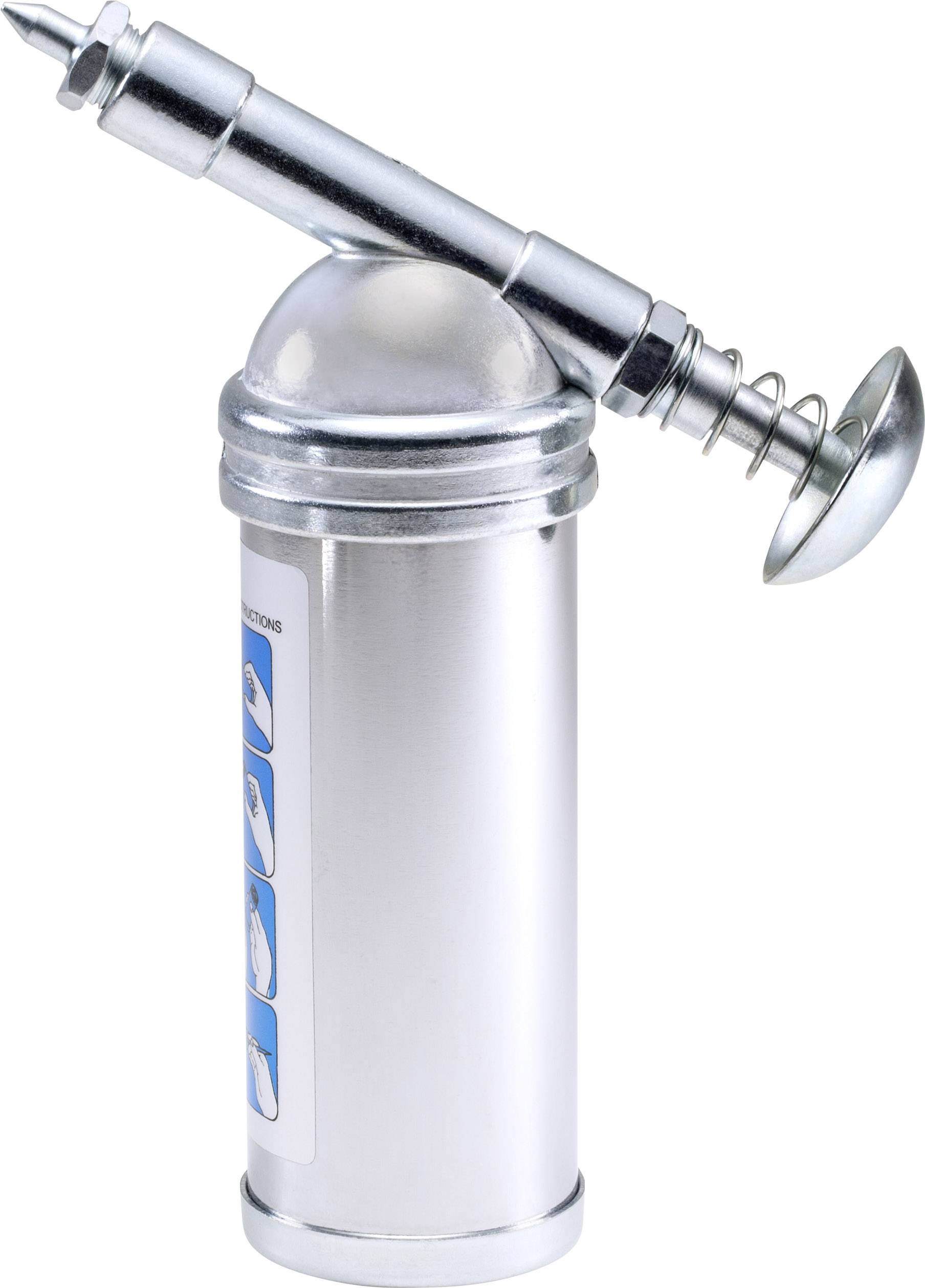 Un pulvérisateur de cuisine en argent avec une poignée en métal, conçu pour distribuer des liquides ou de la pâte, idéal pour un travail précis en cuisine.