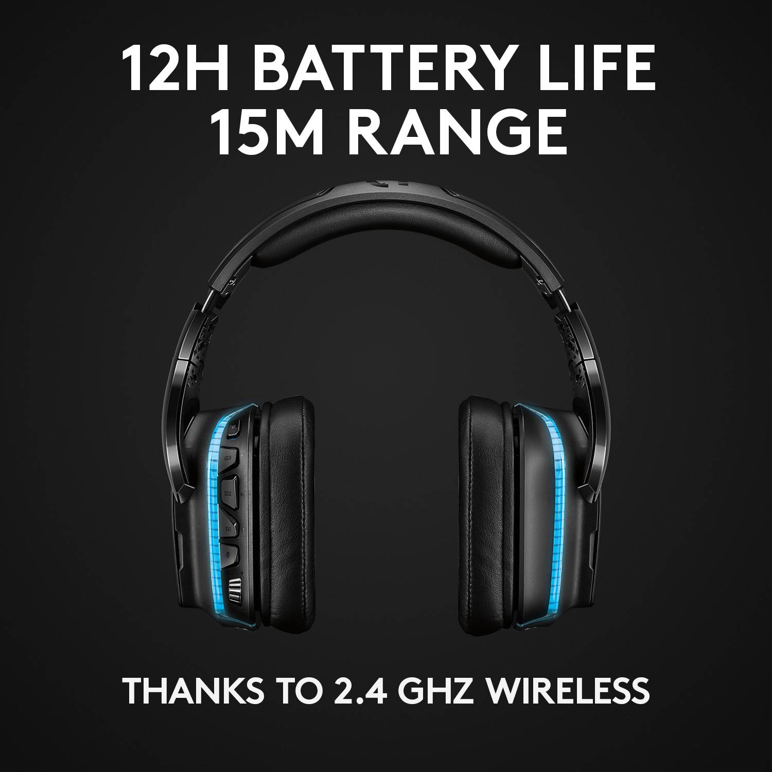Casque sans fil avec technologie 2,4 GHz, offrant 12 heures d'autonomie et une portée de 15 mètres.