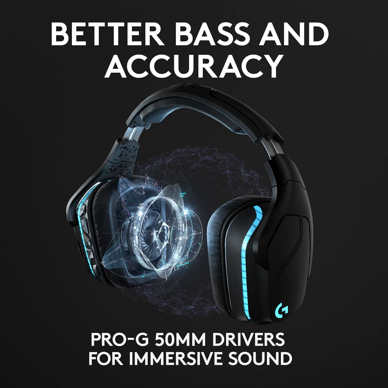 Casque audio au design noir et à la lumière bleue. Texte : 'Basses puissantes et son précis', 'Haut-parleurs Pro-G de 50 mm pour un son intense'.