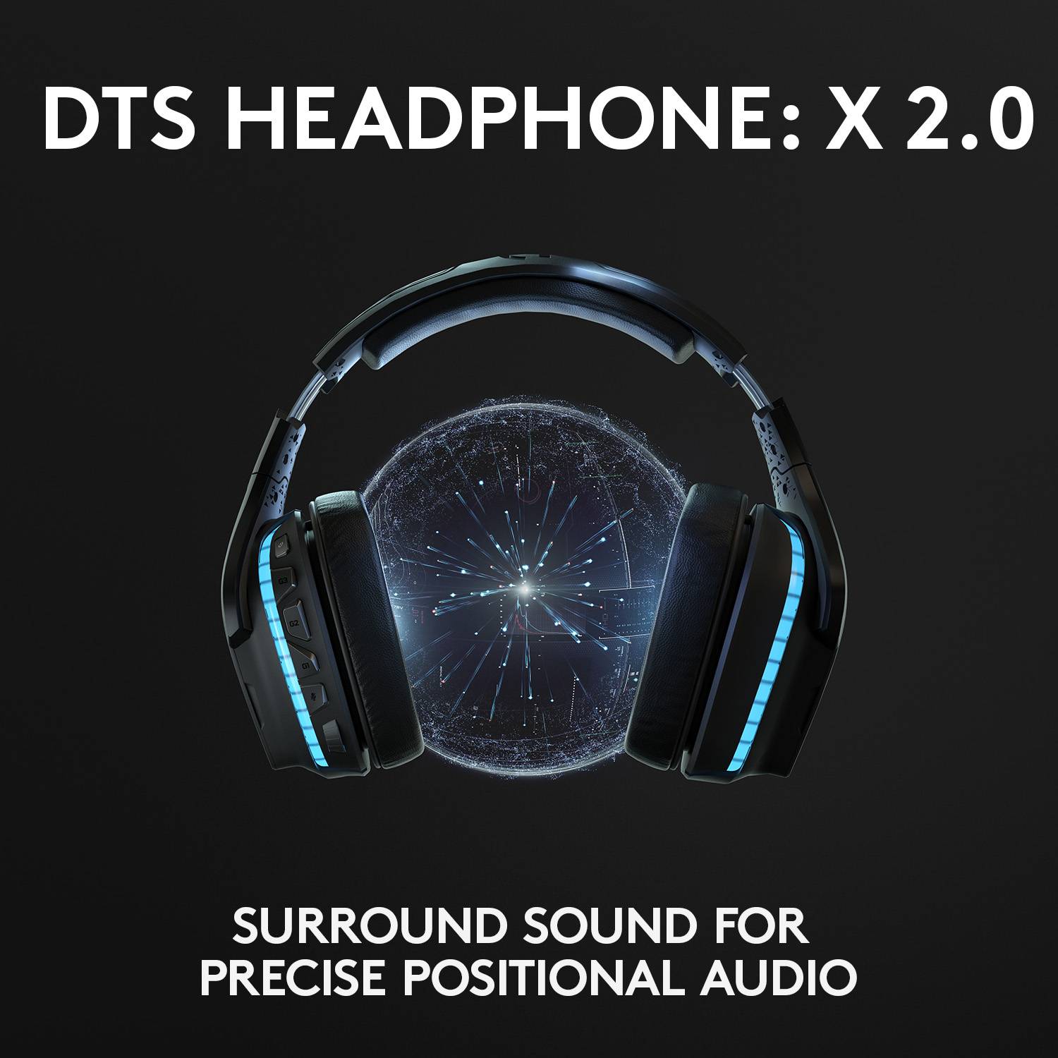 Casque audio avec texte 'DTS Headphone: X 2.0'. Son Surround mis en évidence pour un son spatial précis. Arrière-plan avec un motif sphérique.