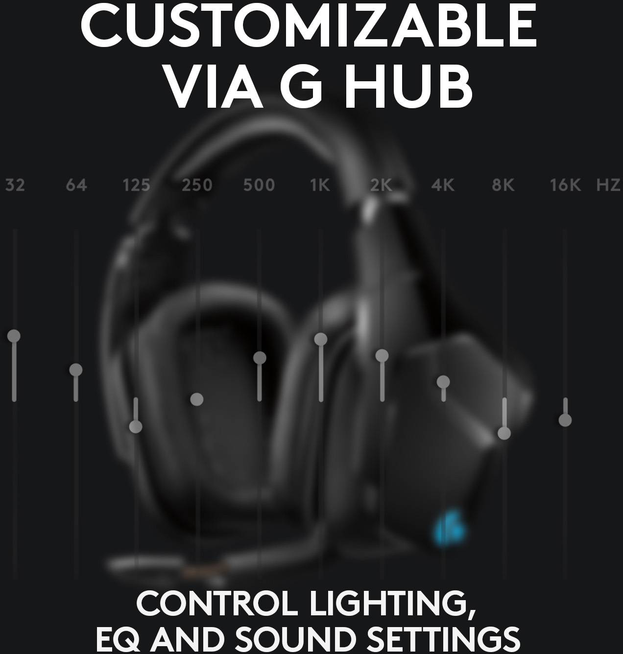 Casque de jeu noir avec contrôle de l'éclairage, de l'EQ et du son via G Hub. Aperçu des réglages de fréquence en hertz.