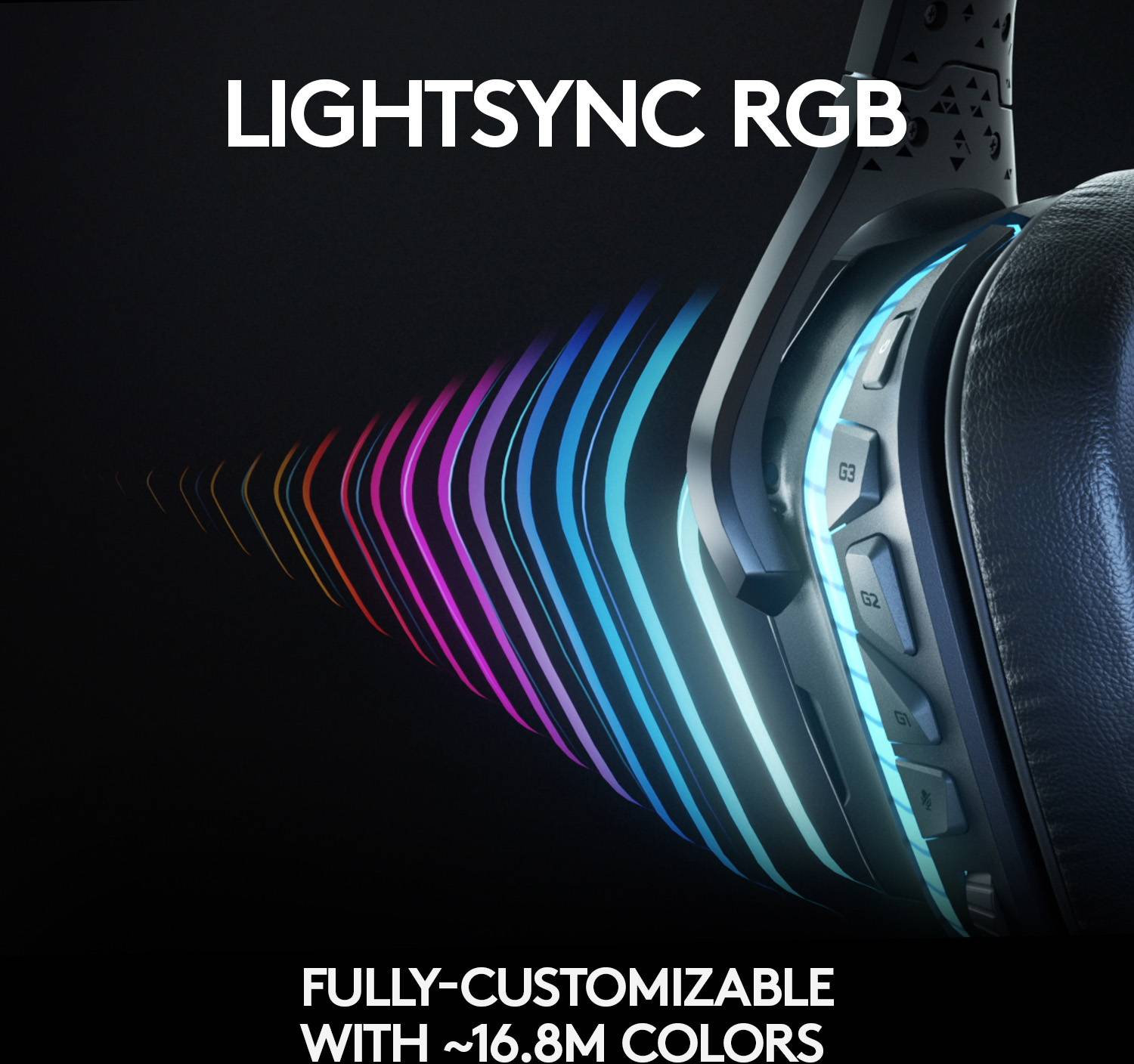 Casque audio avec éclairage RVB dans différentes couleurs. Texte : 'LIGHTSYNC RVB. Effets entièrement personnalisables avec ~16,8 millions de couleurs.'