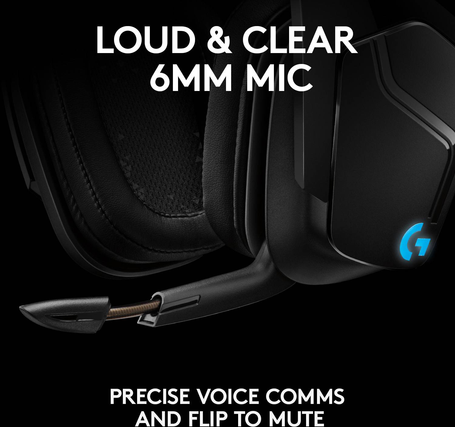 Casque de gaming noir avec microphone. Texte en haut : Fort et clair grâce au microphone de 6 mm. Texte en bas : Communication vocale précise et sourdine en relevant le micro.
