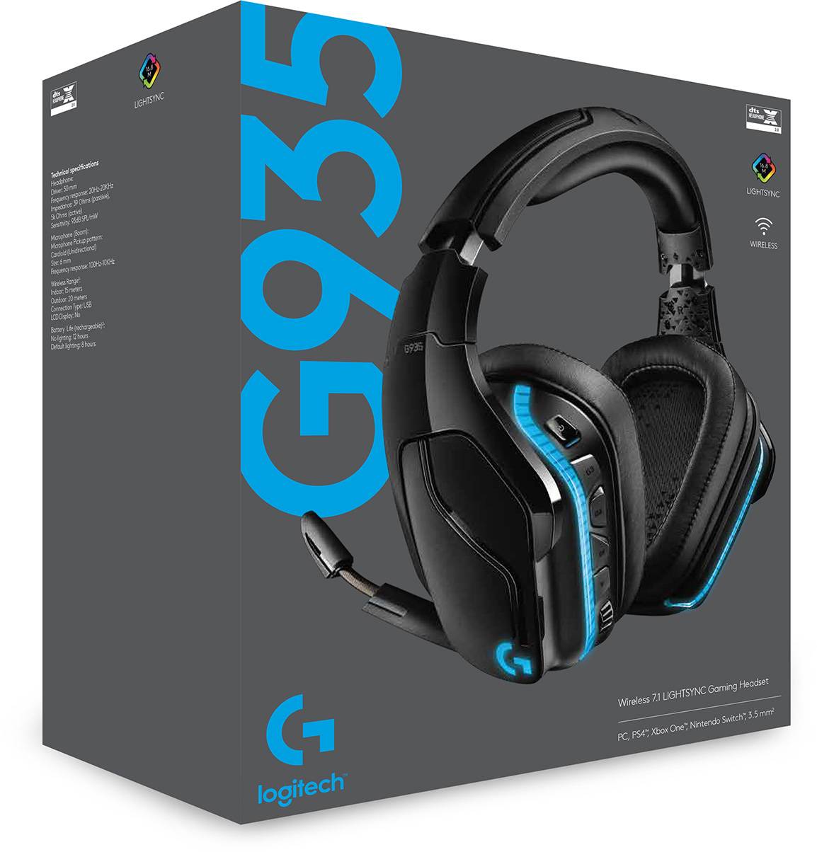Emballage d'un casque de gaming sans fil modèle 'G935' de Logitech, avec texte en bleu sur fond gris et spécifications du produit.