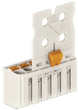 Connecteur blanc à six bornes avec levier orange. Adapté pour les installations électriques et le câblage sécurisé.