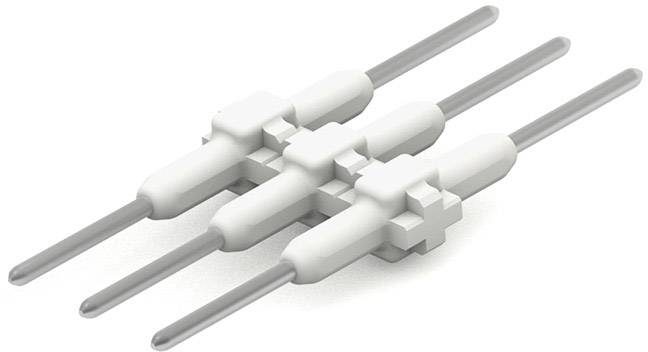 Trois fiches plastiques blanches disposées en parallèle, chacune pourvue de trois broches métalliques allongées et interconnectées.