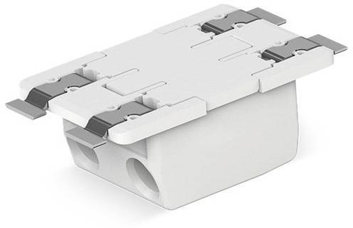 Connecteur en plastique blanc avec plusieurs prises de raccordement et clips latéraux pour la fixation des câbles électriques.