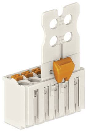 Un connecteur blanc multipolaire avec quatre emplacements et un levier orange pour le raccordement à sertissage de conducteurs électriques.