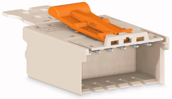 Un embout de câble beige avec une pince orange et plusieurs connexions enfichables.