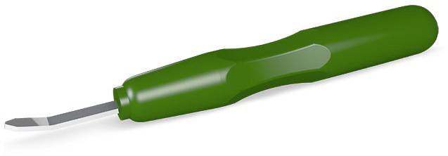 Tournevis cruciforme vert en plastique avec lame métallique, vue latérale.