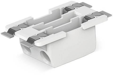 Une pièce en plastique blanc avec des clips métalliques sur les côtés, probablement un élément de connexion mécanique ou un composant.